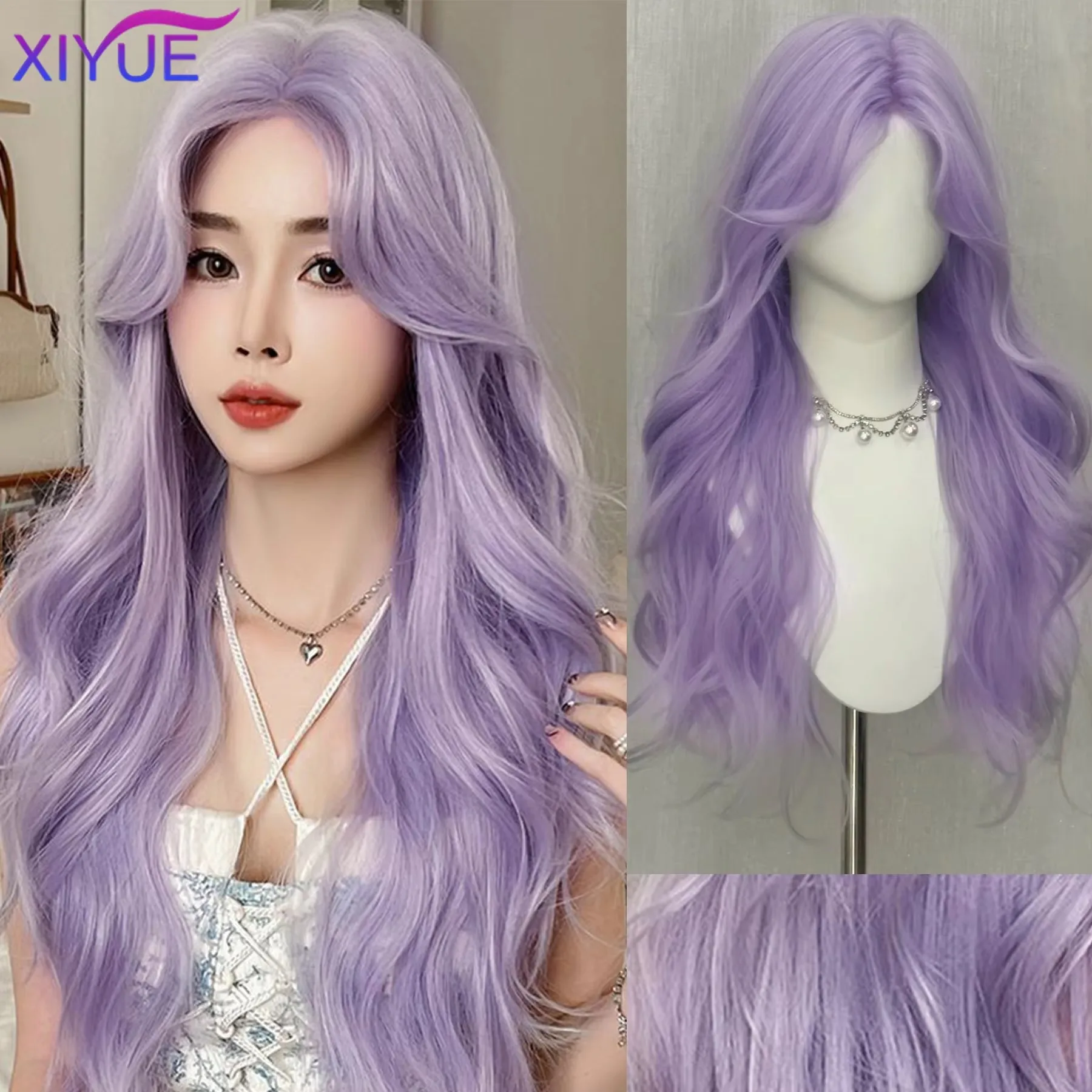 

Synthetic Forehead lace Long Wavy Purple Cosplay Wigs Lolita Halloween With Bangs for Women Party Dailly Heat Resistant Wig XY