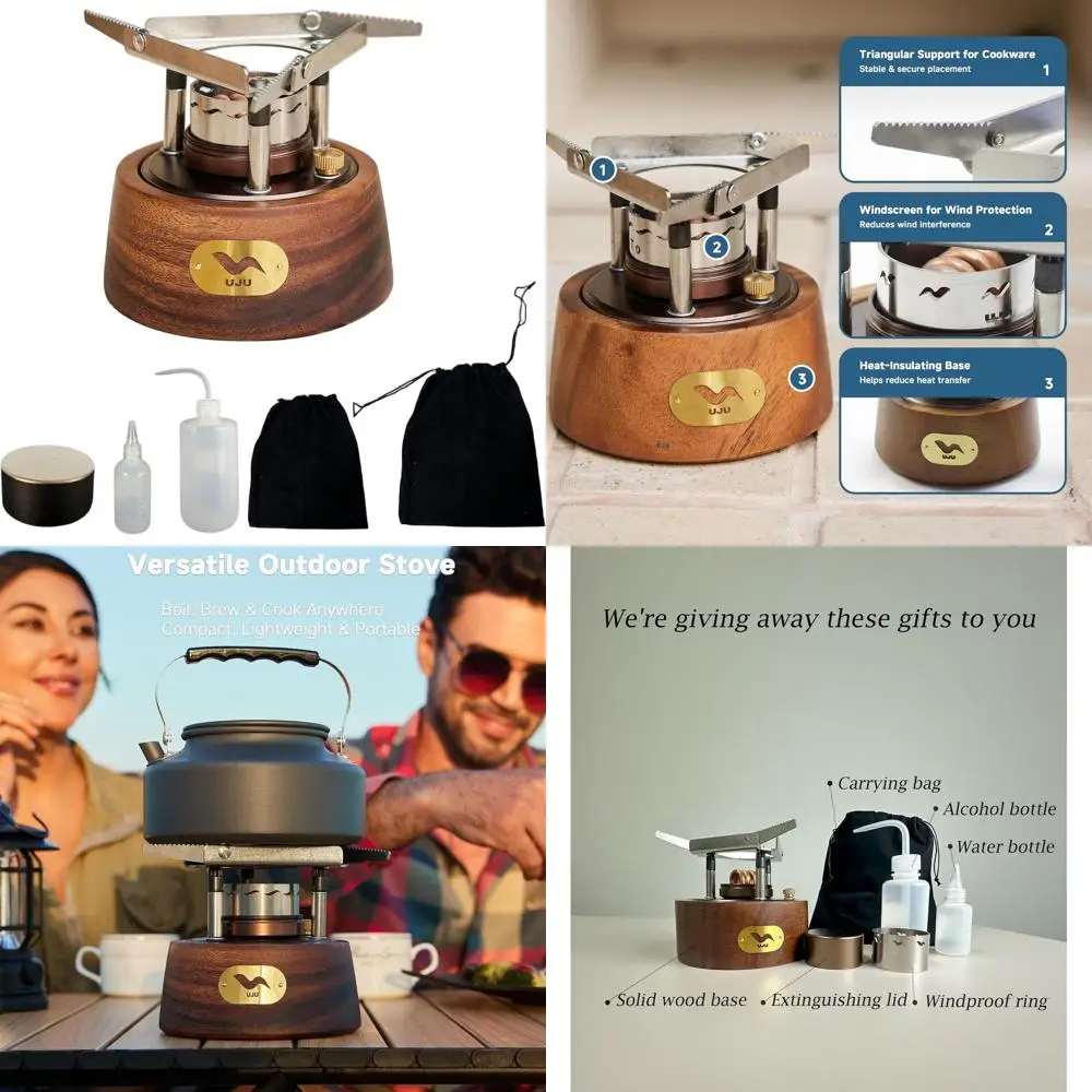 

Compact Windproof Alcohol Camping Stove Set for Outdoor Adventures, Includes Wood Base, Carry Bag & Bottles