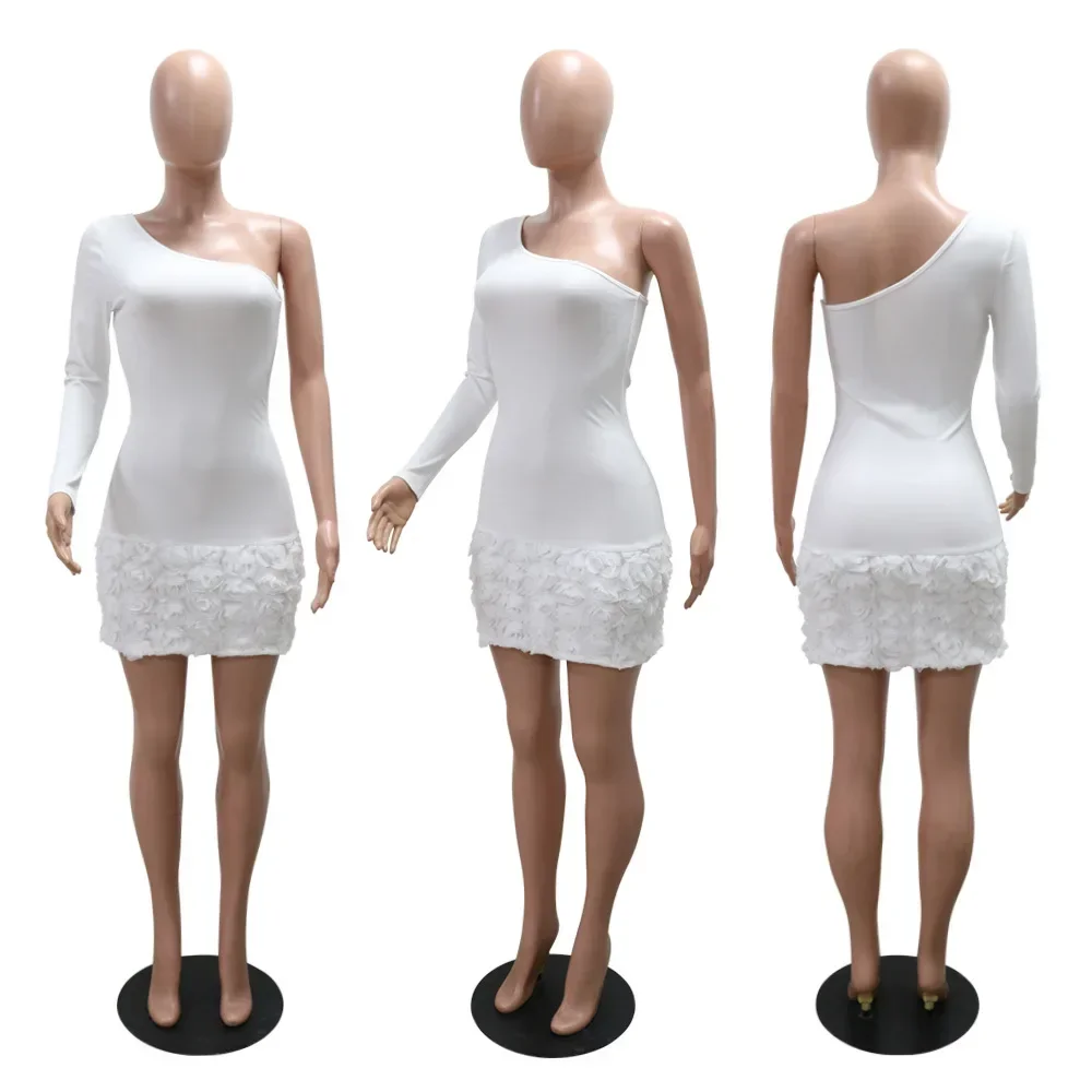 Women Knit Ribbed Rose Floral Applique One Long Sleeve Bodycon Midi Dress 2025 Club Sexy Party Evening Dresses Vestidos