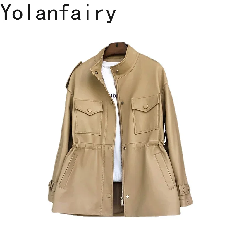 YOLANFAIRY Giacca in pelle da donna Donna Trench medio lungo in pelle di pecora naturale Abbigliamento femminile Autunno Jahжа Gesù Куртка Ж Dönusen