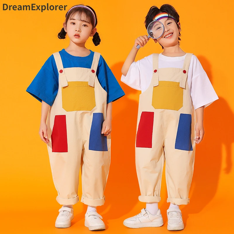 Boys Hip Hop Colored T-shirt Loose Contrast Overalls Girls Patchwork Dungaree Child Jumpsuit Street Dance Romper Kids Streetwear