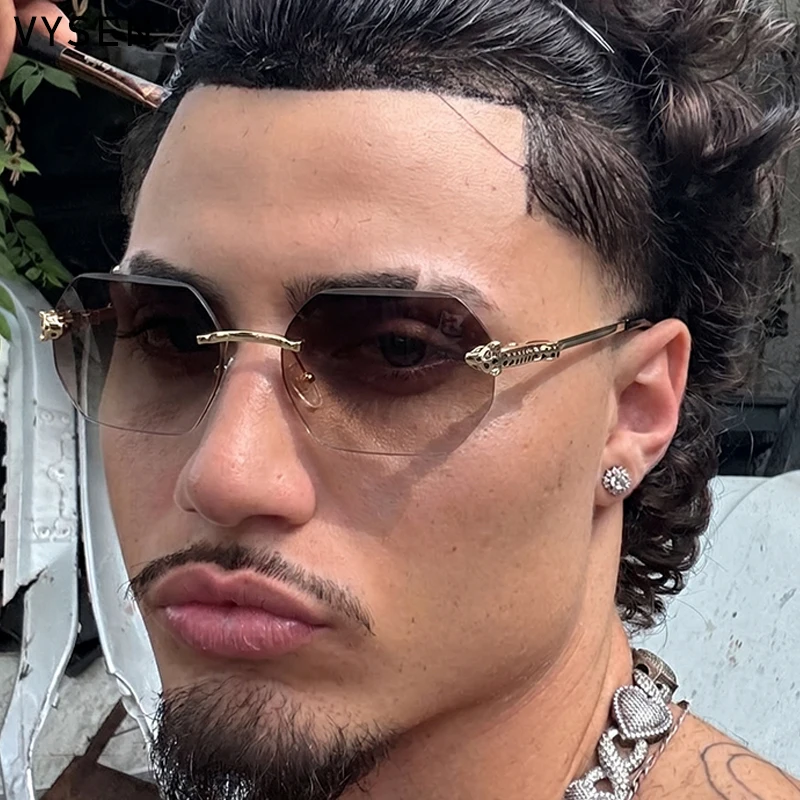 

Vintage Square Rimless Punk Sunglasses Men 2026 Luxury Brand Photochromic Polygon Leopard Head Sun Glasses Male Shades Eyewear