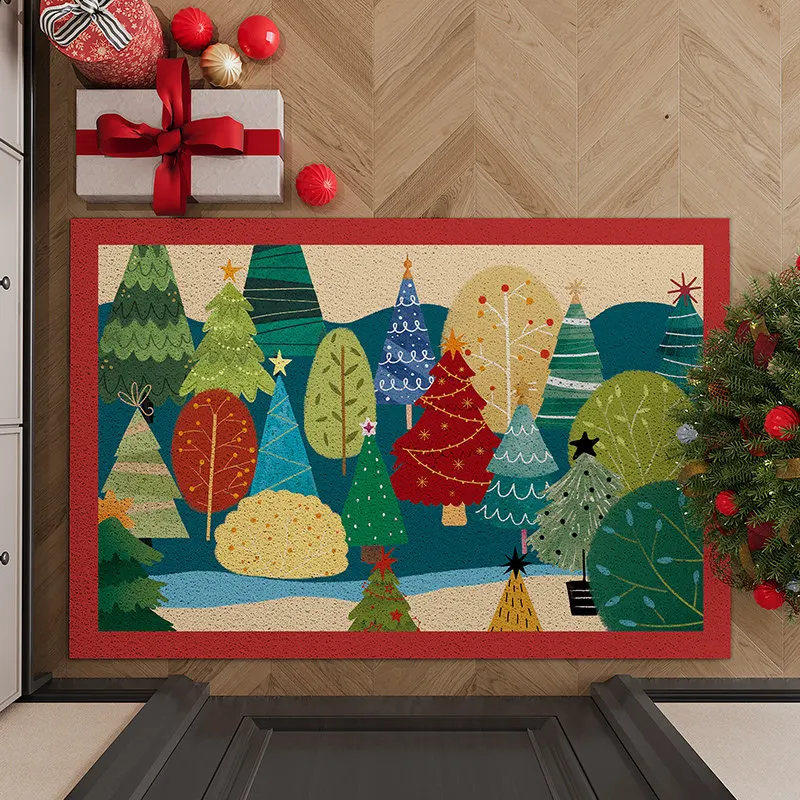 Christmas Forest Tree Doormat PVC Silk Loop Entrance Rug Non-Slip Dirt Trapper Welcome Floor Mat Front Door Holiday Home Decor