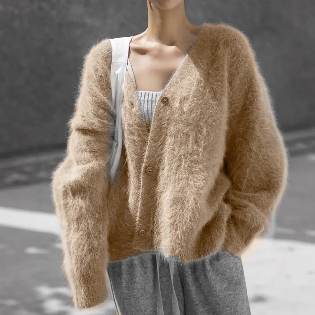 

Women's Knitted Cardigan V-Neck Imitation Mink Sweater Soft Thickened Loose Fit European American Style Top