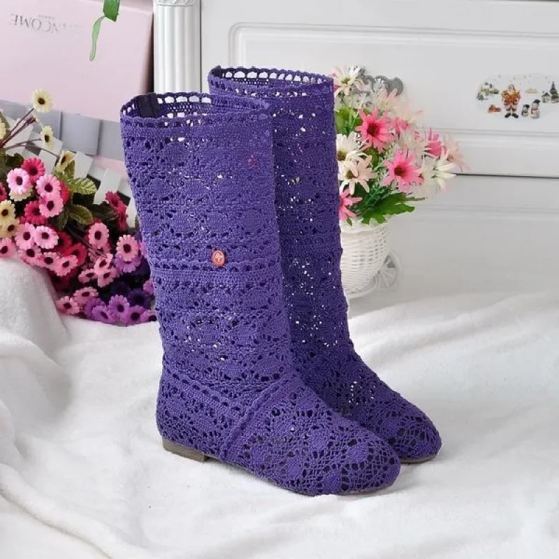 High Quality 2024 Hollow Boots Shoes Breathable Knit Line Mesh Boots Summer Women Boots Knee High Womens Shoes 34-41