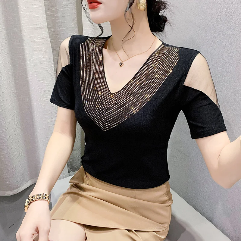 

#5416 Black Brown Off Shuolder T Shirt Women V-neck Diamonds Sexy Office Spliced Mesh Short Sleeve Tshirt Femme Elegant Elastic