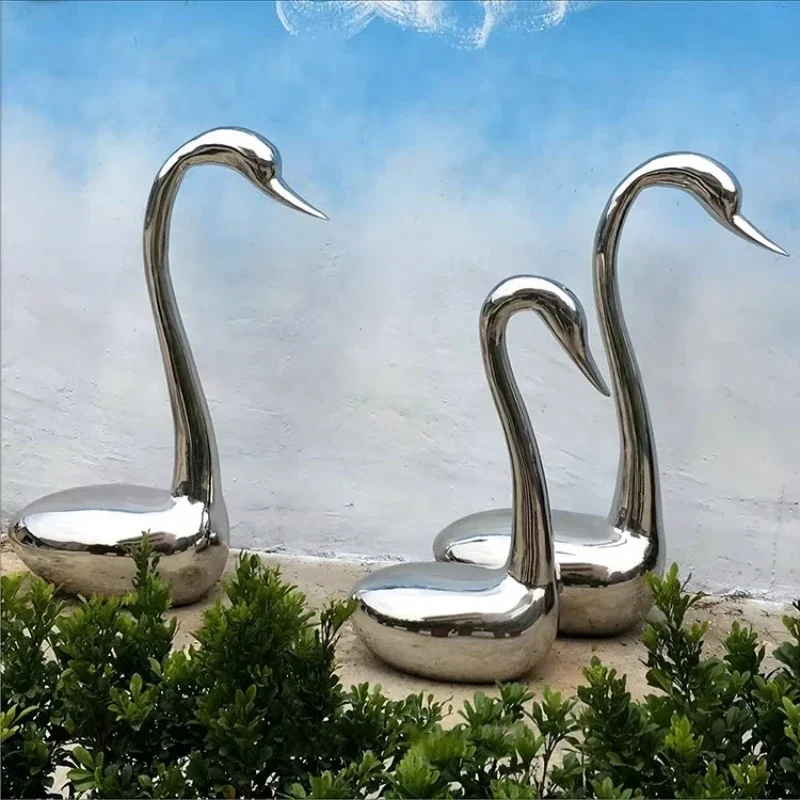 

Polished decorative stainless steel swan sculpture