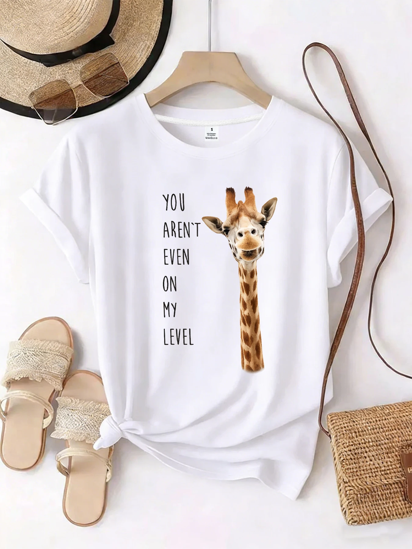 【HZF102106】Cartoon giraffe picture Round neck women's T-shirt short sleeves fashion printed half-sleeve top elastic T-shirt