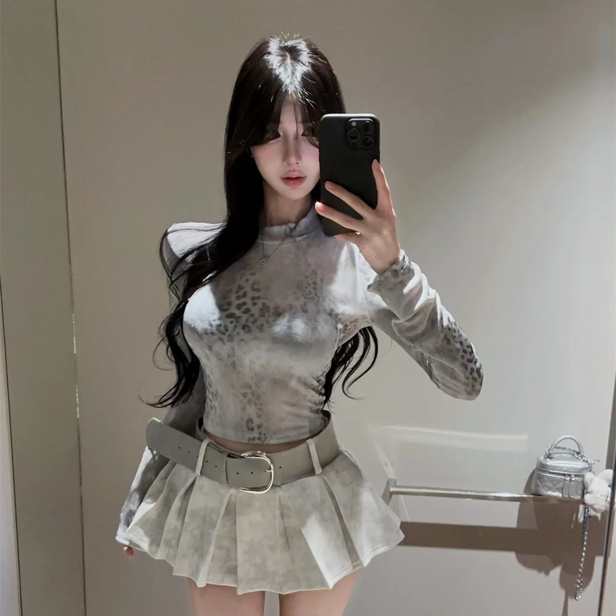 Sweet Cool Retro Long Sleeve T-Shirt High Waist A-Line Skirt Two-Piece Set for Women Autumn Winter Fashion Workwear Style