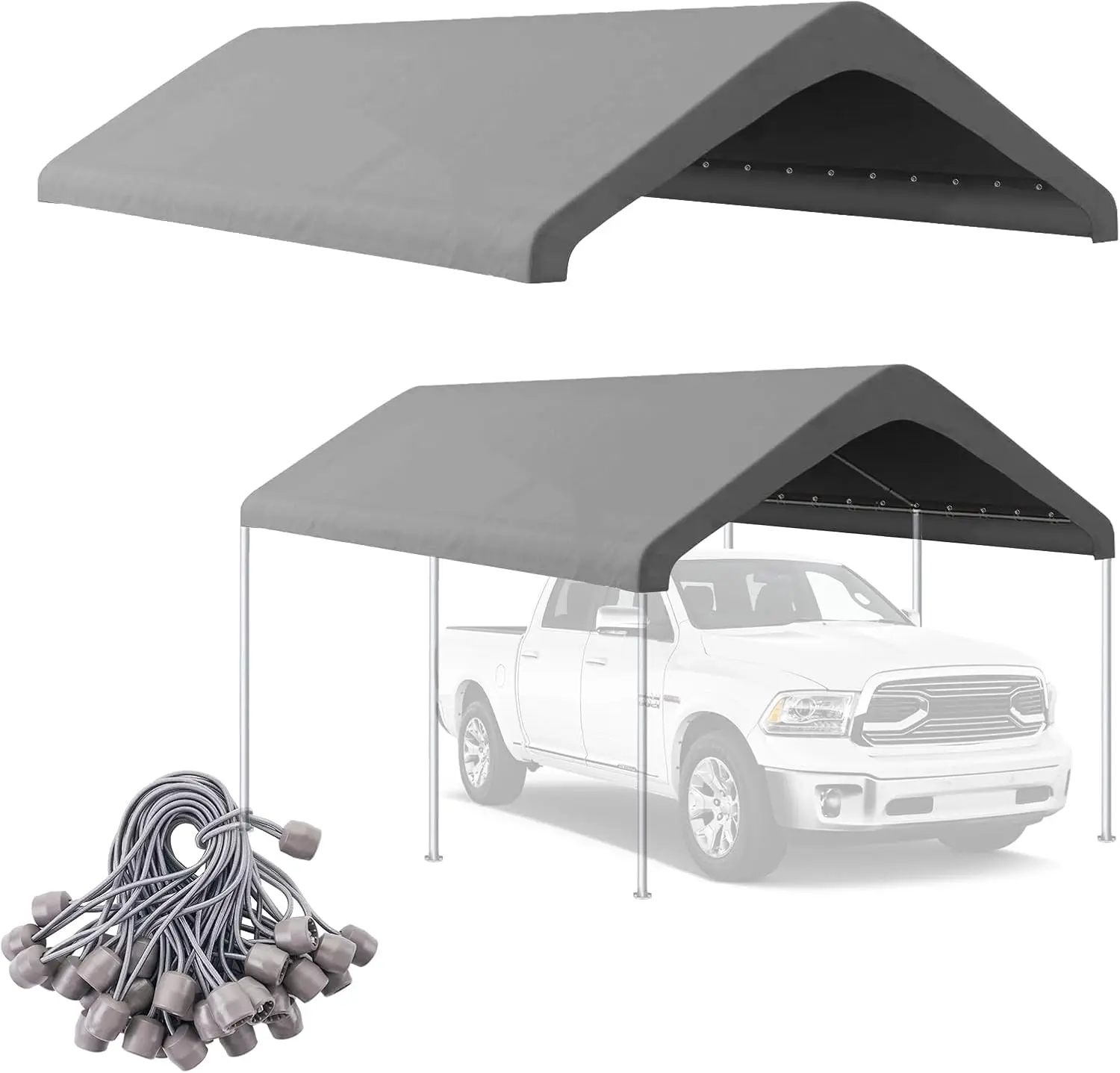 10x20FT Canopy Replacement Cover, Carport Canopy Top Only, Gray | 800D Heavy Duty Oxford with PU Coating, Waterproof & UV Protected Tarp, Car Garage Shelter with Ball Bungees