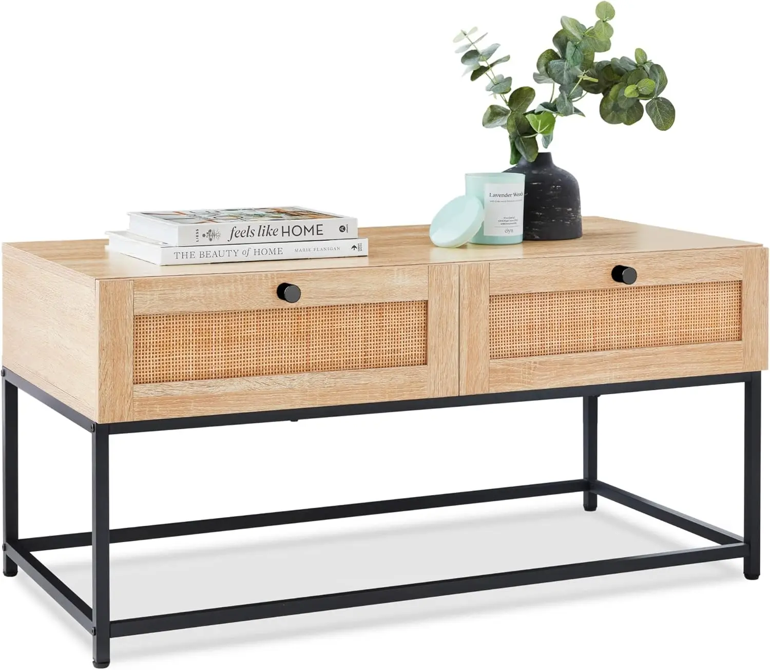 39in Rattan Coffee Table, 2-Drawer Modern Boho Home Furniture for Living Room, Bonus Room w/Wicker Storage Compartments