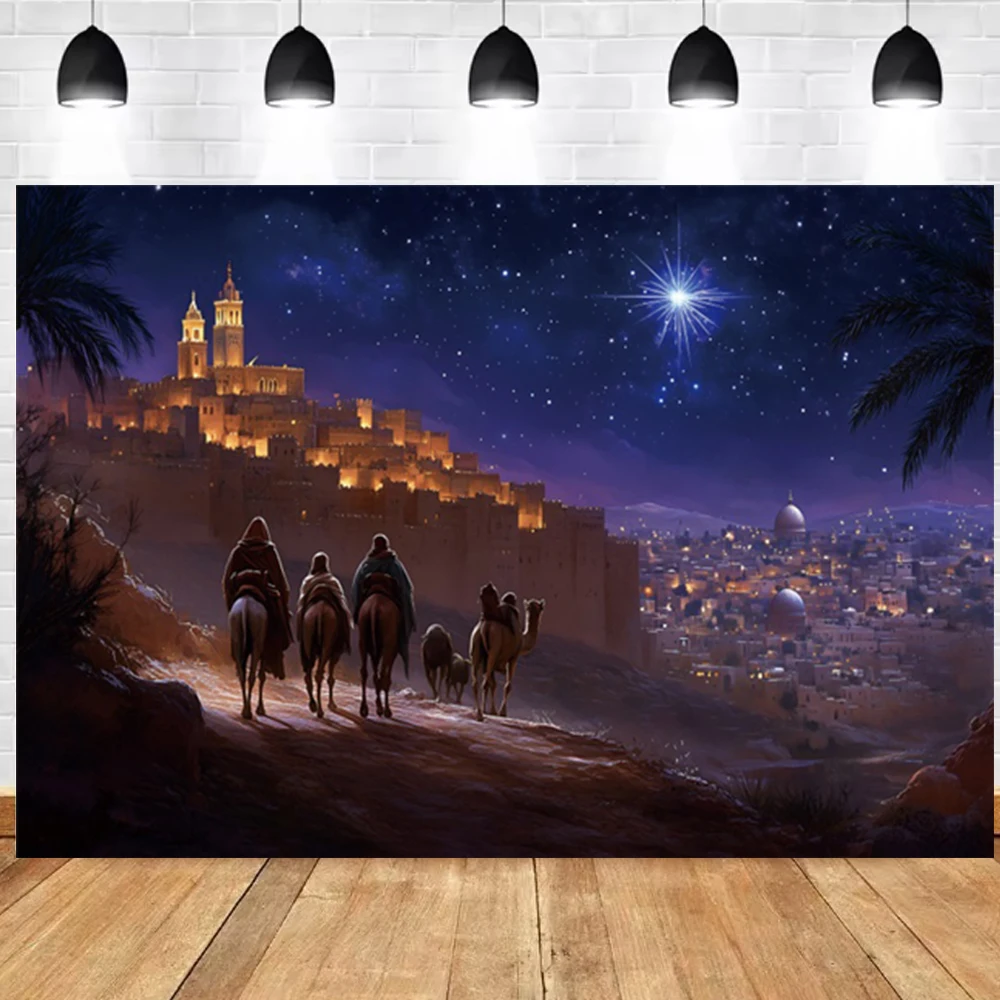 Christmas Birth of Jesus Backdrops Gothic Architecture Holy Night Camel Pilgrimage Christ Nativity Scene Photo Background Studio