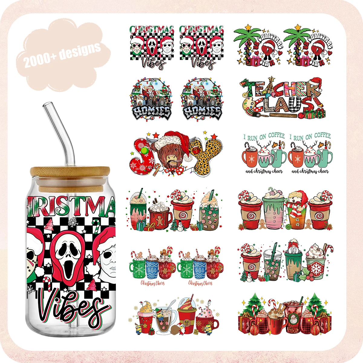 

Fashion Christmas Santa Claus 3D UV DTF Cup Wrap Transfers Stickers Labels Durable Waterproof Logo 16oz Glass Wrap