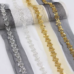 2Yards Gold Silver Pearl Lace Trim 2024 New Embroidered Beaded Trimming Sequins Lace Straps Ribbon DIY Sewing Accessories