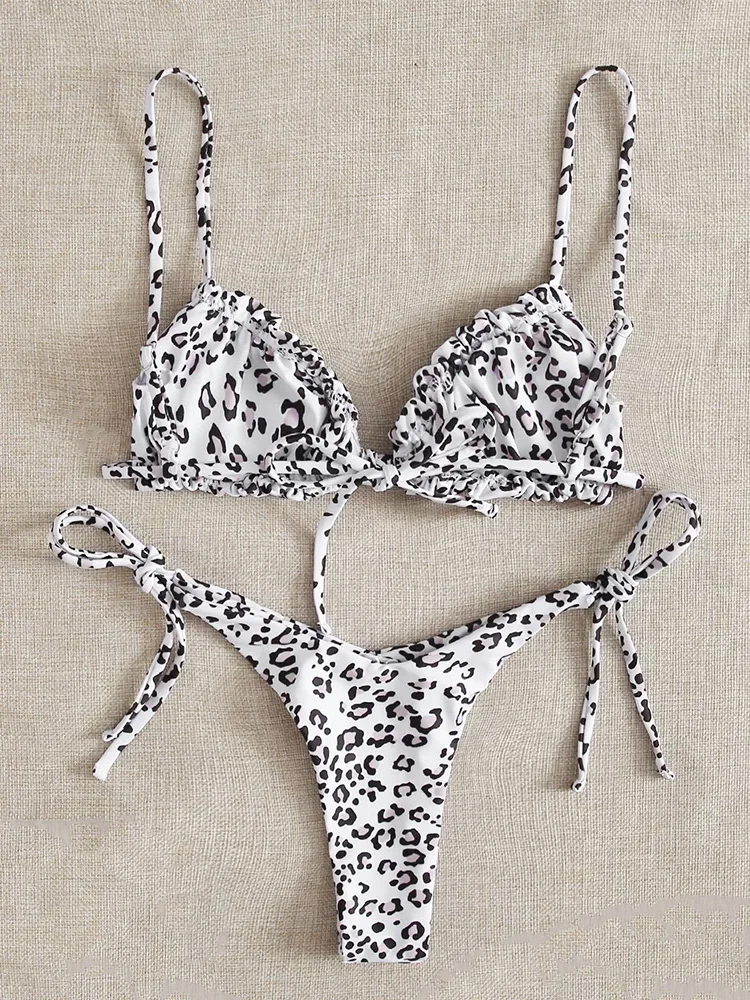 Сексуальные леопардовые плиссированные бикини, комплект из 2 предметов, женский разделенный купальник с открытой спиной и высокой талией, пляжный жилет, бикини 2024, новый летний комплект бикини