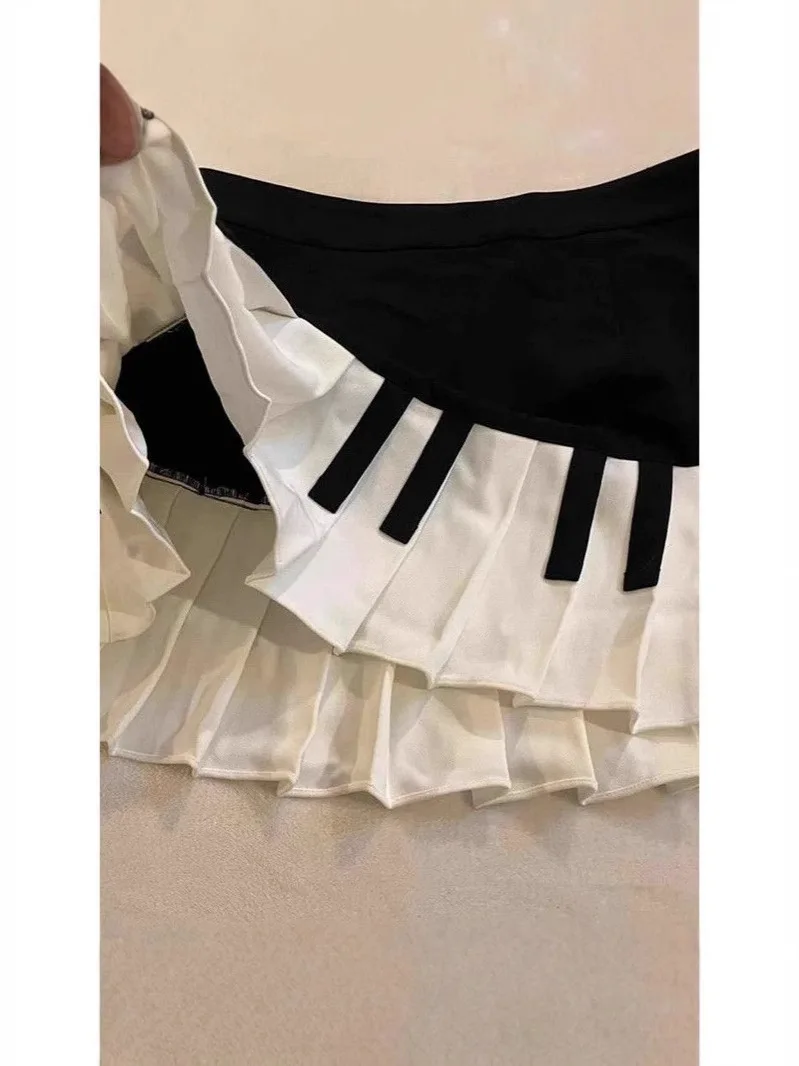Retro Bla White Piano Plisowana Spódnica Street Sle Low Waist A-Line ort Spódnica dla kobiet w wieku 8-24 lat Letnia cienka tkanina