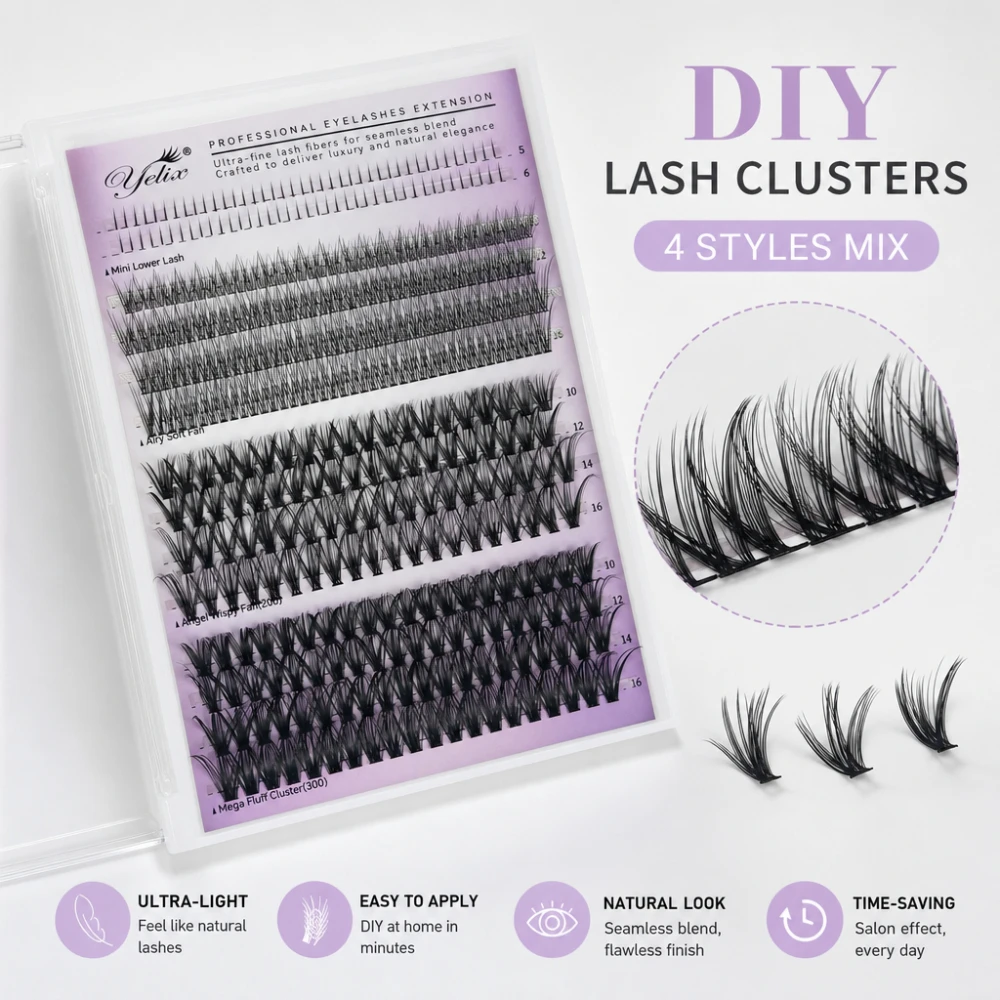 Yelix 4 in 1 Family False lashes DIY Lash Kit Natural Soft Wispy Multi Styles Cluster Lashes One Box Endless Eye Looks Hot Sale