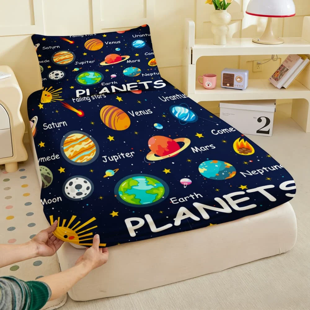 1pc Educational Solar System Planet Print Fitted Sheet Deep Pocket Elastic Mattress Cover Single Double Queen King Bedroom Decor