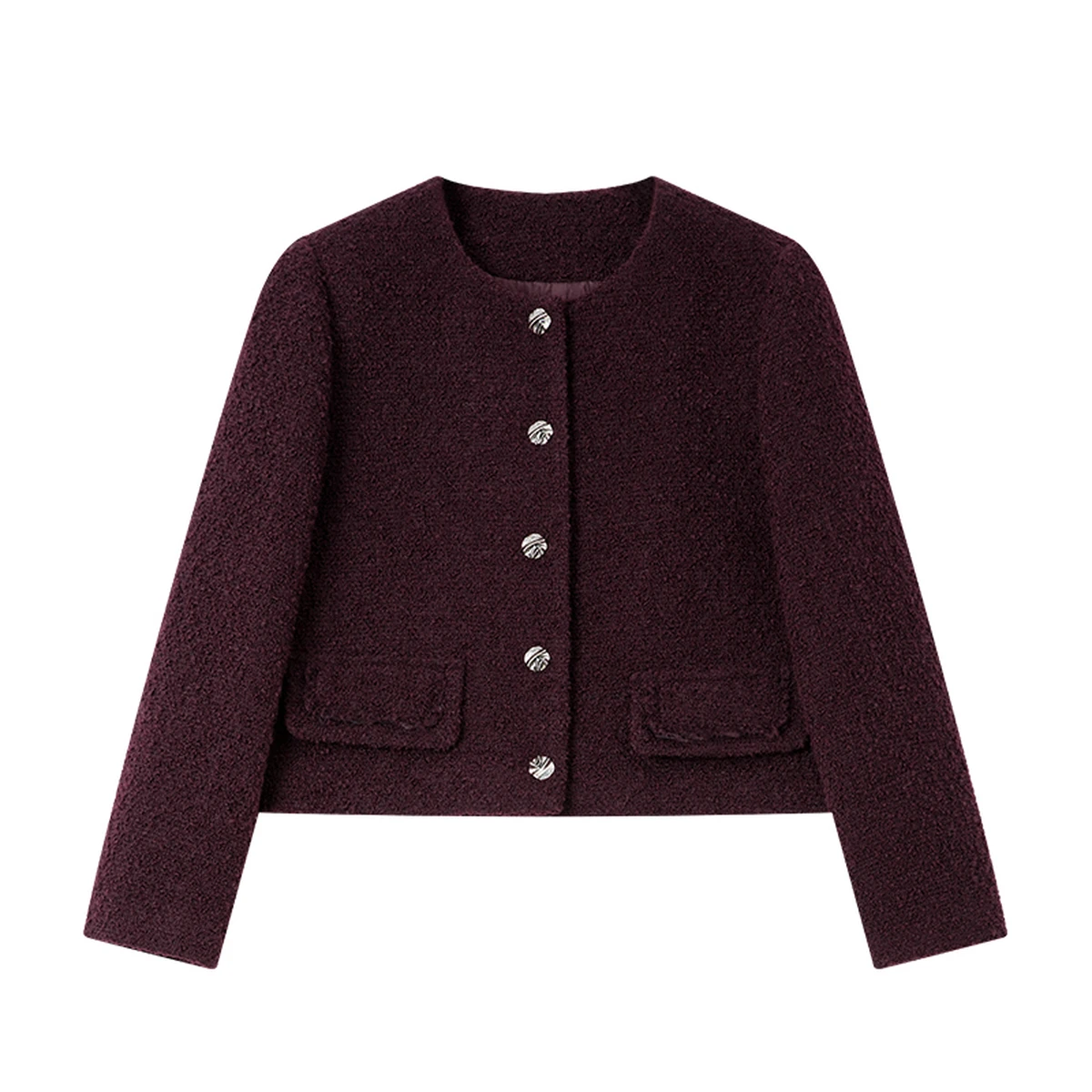 VIMLY سترة الشتاء للنساء 2025 خمر بورجوندي س الرقبة تويد سترات قصيرة أنيقة الصوف مزيج مبطن معاطف السيدات M9320 #6