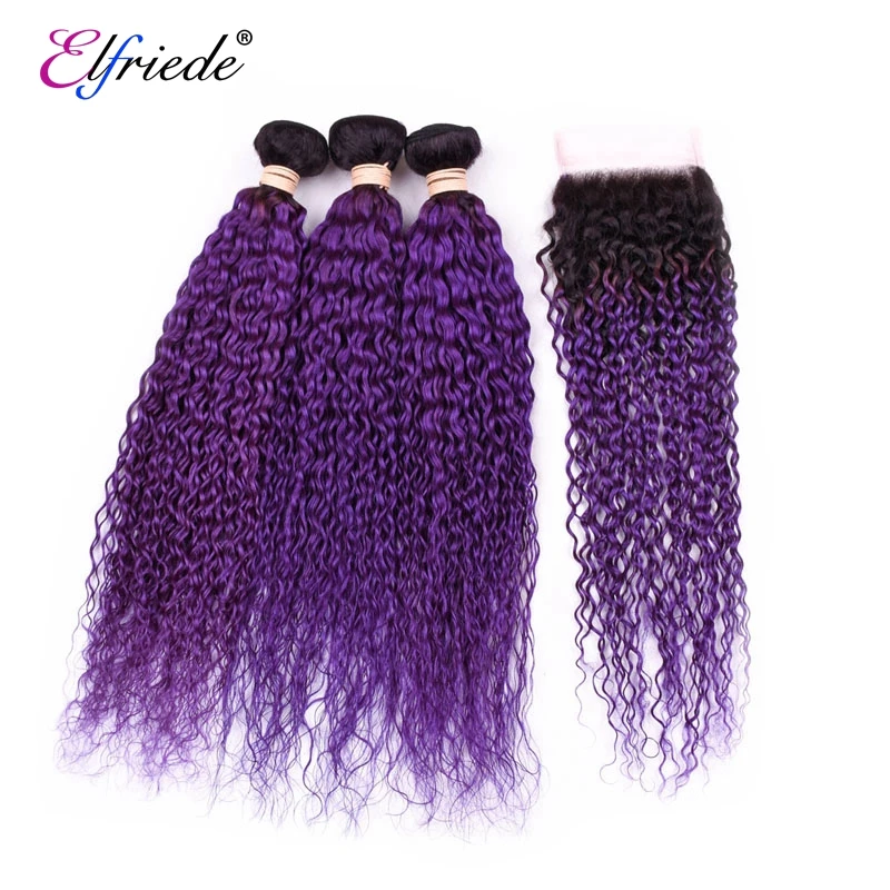 Elfriede #T1B/Purple Kinky Curly Ombre Color Hair Bundles with Closure 100% Remy Human Hair Weft 3 Bundles with Lace Closure 4x4