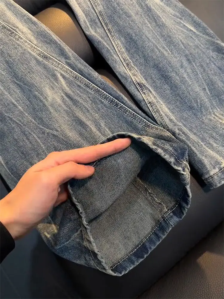 Retro Blue Lightning Pattern Diagonal Cut Jeans Men's Trendy Brand Washed Straight Leg Long Pants American Style Cleanfit Fla...