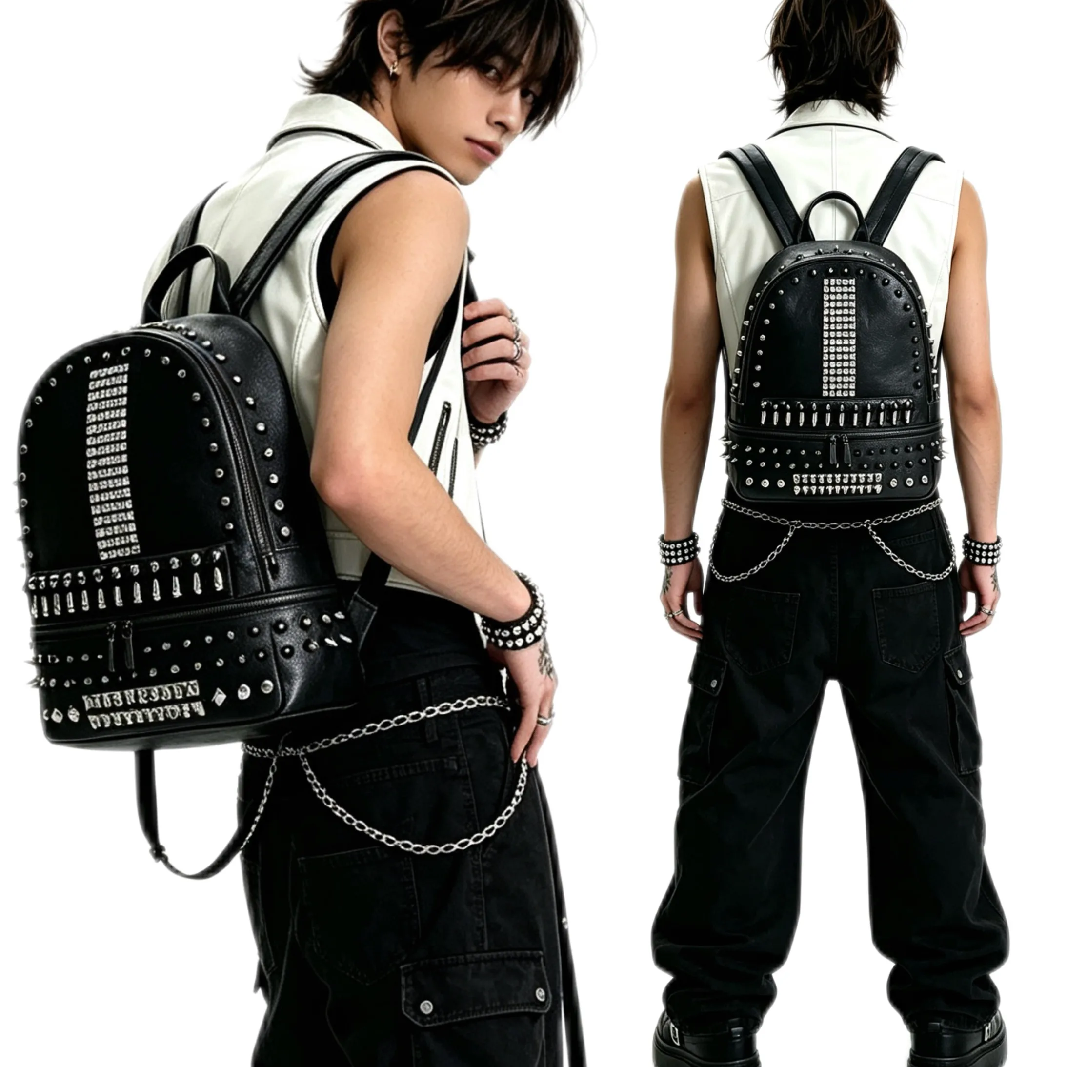Original Punk Rivet Backpack Subculture Bullet Backpack Y2k High Street Leather Backpack for Men and Women