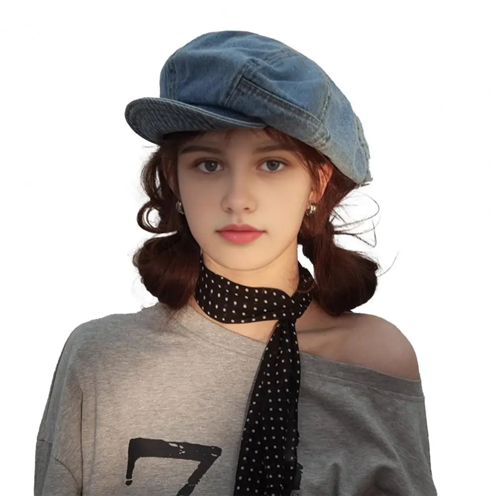 Comfortable Sun Hat Women's Denim Newsboy Cap Retro Octagonal Beret Hat Short Brim Cabbie Visor for Spring Summer Travel Outdoor