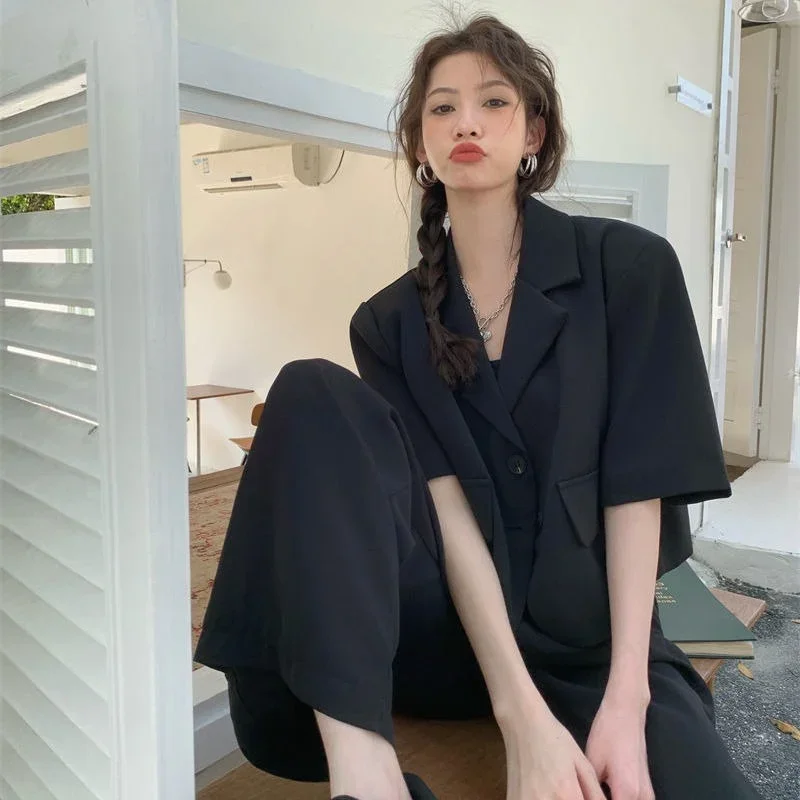 여성용 우아한 레트로 노치드 블레이저, 심플한 올매치, 여름 Mujer 힙스터, 부드러운 학생 크롭, 인스 하라주쿠 하이 스트리트 솔리드