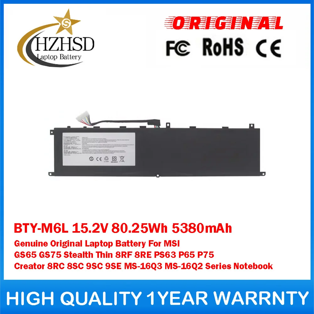 BTY-M6L 15.2V 80.25Wh 5380mAh Genuine Original Laptop Battery For MSI GS65 GS75 Stealth Thin8RF 8RE PS63 P65 P75 Creator 8RC 8SC