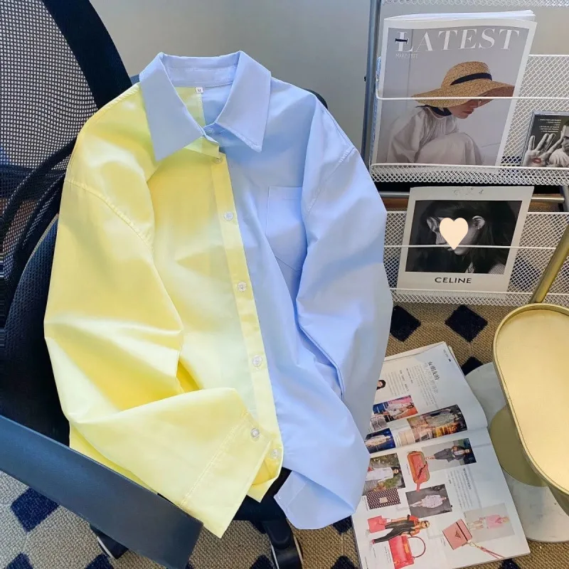 

Shirts Women Top Blouses Shirt Turn Down Collar Full Sleeve Tops Casual Loose Y2k Streetwear Work Elegant Splice 2026 Spring