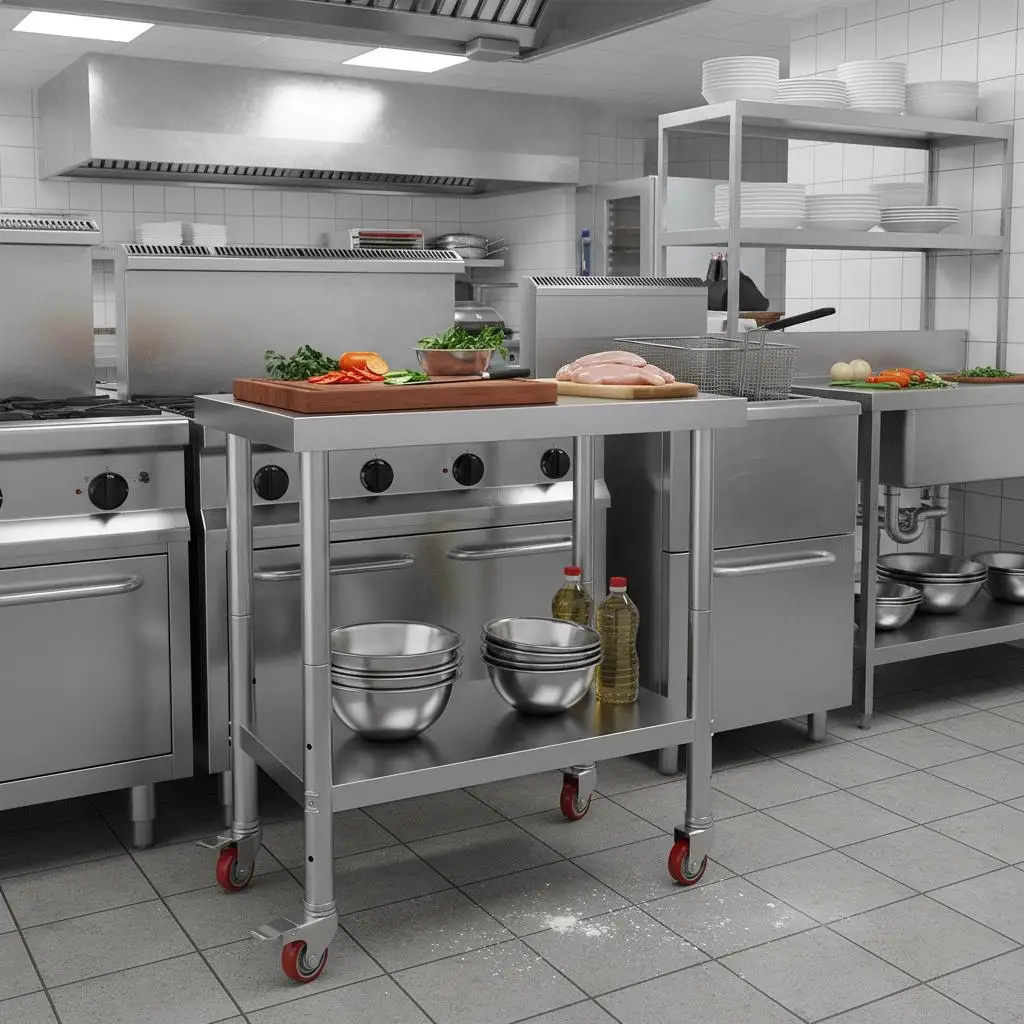 

Metal Preparation Station 24 x 18 x 34 Inch For Commercial Kitchen Restaurant Workshop, 700 LBS Load Capacity 4 Casters 3 Adj