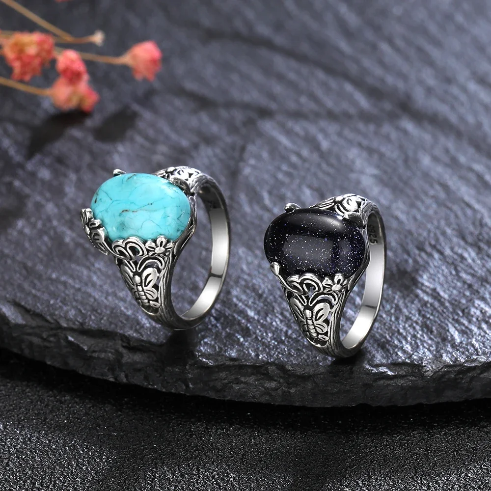 Vintage Blue Sandstone Butterfly Ring 10*14MM Natural Turquoise Ring S925 Silver Rings for Women Fine Jewelry Gift