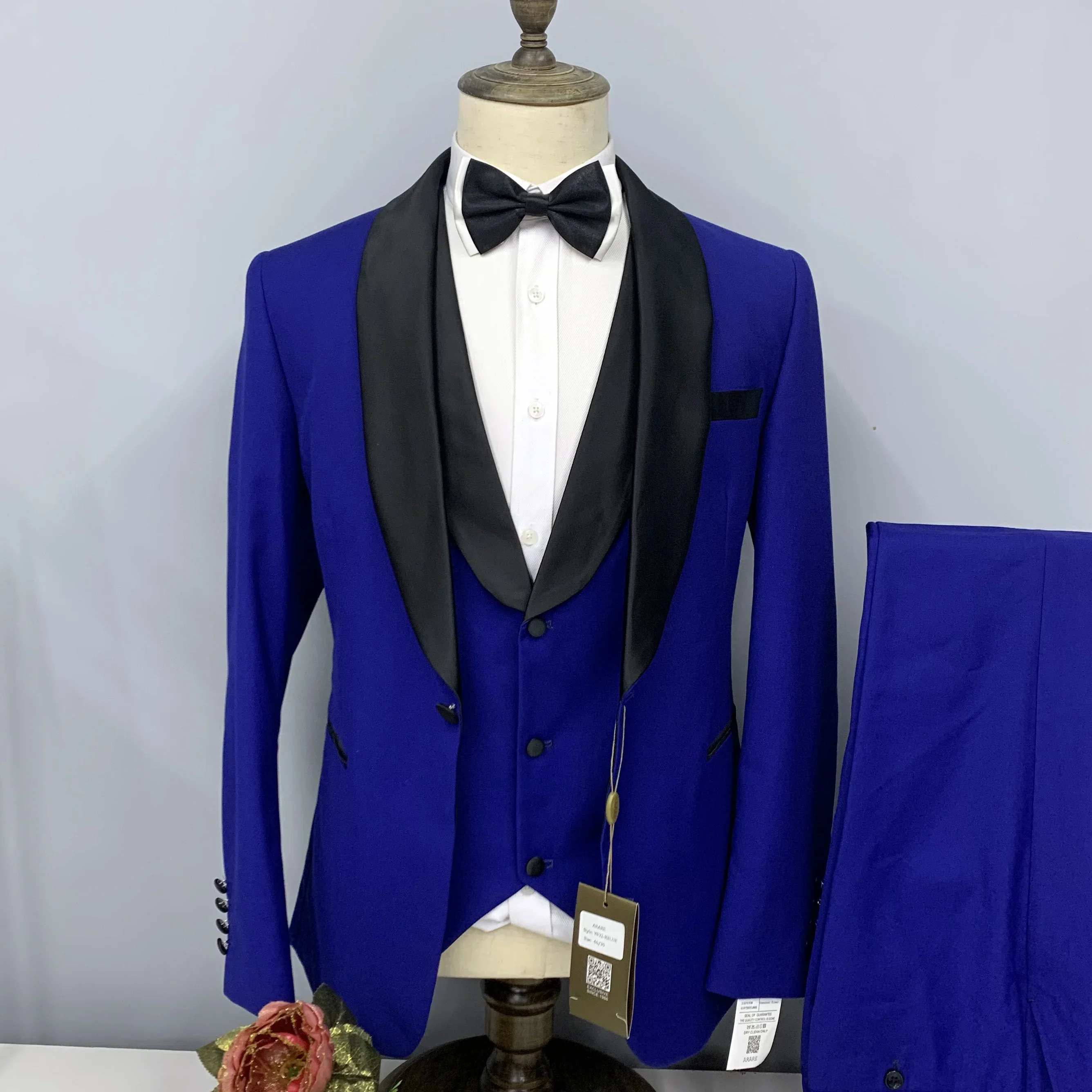 

New Men's Set Dark Blue Suit Black Lapel Classic Single Breasted Party Wedding Three Piece Set (Jacket+Pants+Vest)