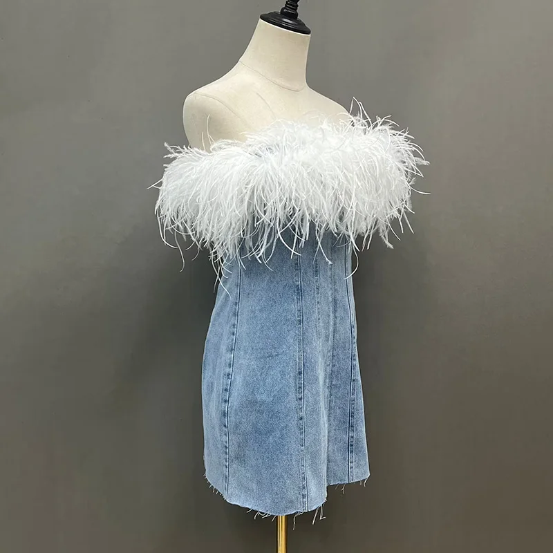 Women Denim Dress Bodycon Mini Dresses  Vestidos Elegant Sleeveless Jeans Dress Ladies Female Banquet New Tube with Feathers