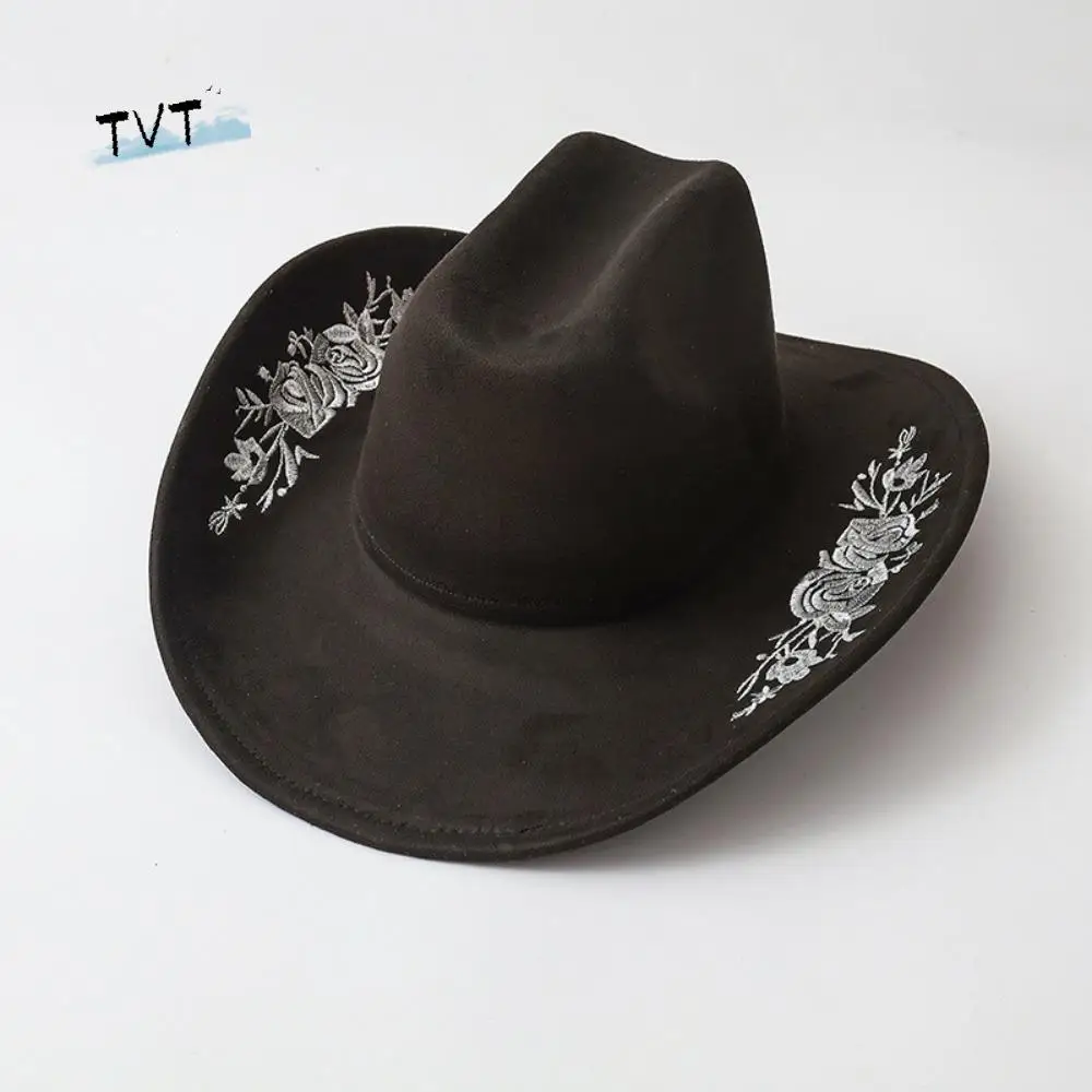

Large Brimmed Embroidered Felt Top Hat Embroidery Flower Decoration Performance Cap Woolen Hats Casual Formal Occasion