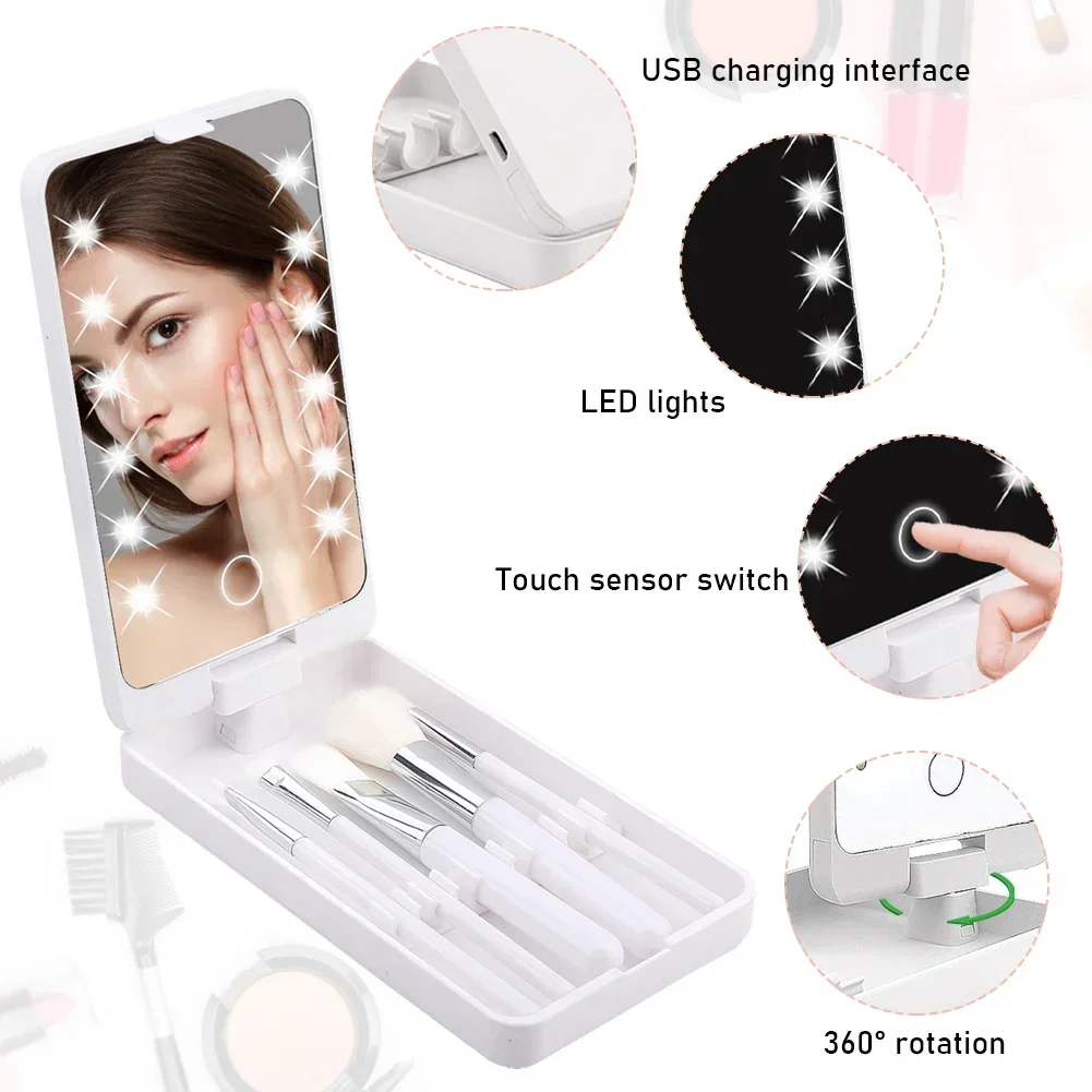 Specchio per trucco illuminato Specchio per bellezza personale girevole con 5 pennelli per trucco Accessori per trucco da viaggio Illuminazione multifunzionale