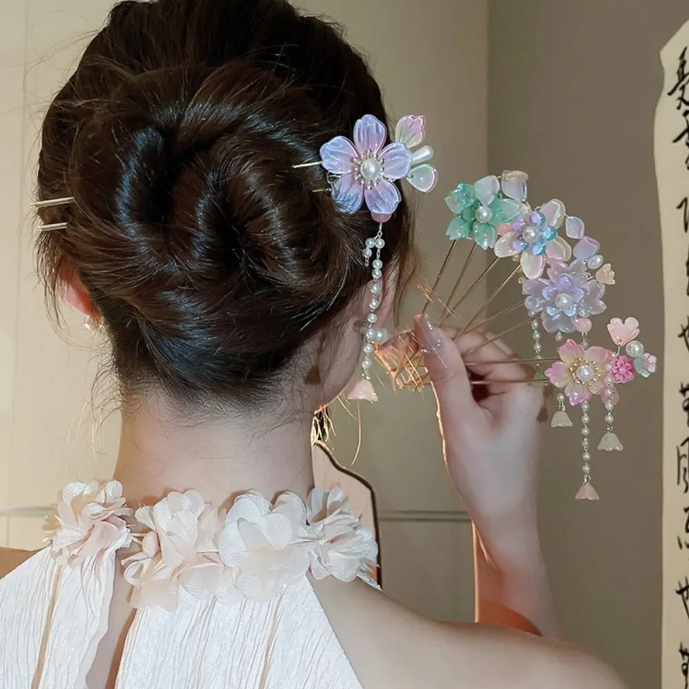 Fashion Flowers Pearl Tassel Hairpin Sweet Handmade Ancient Style Hair Stick Senior Sense Neo-chinese Style Flower Headdress