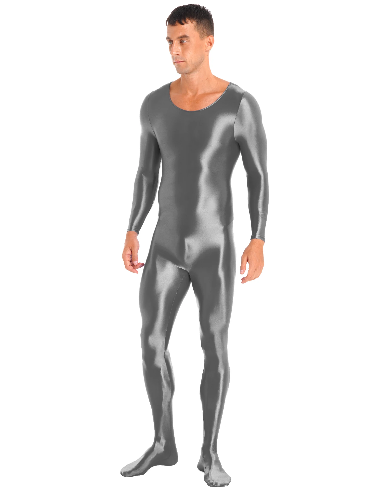 Men Glossy Smooth Bodystocking Oil Shiny Long Sleeve One-Piece Bodysuit Jumpsuit Gym Fitness Full Body Leotard Swimwear Swimsuit