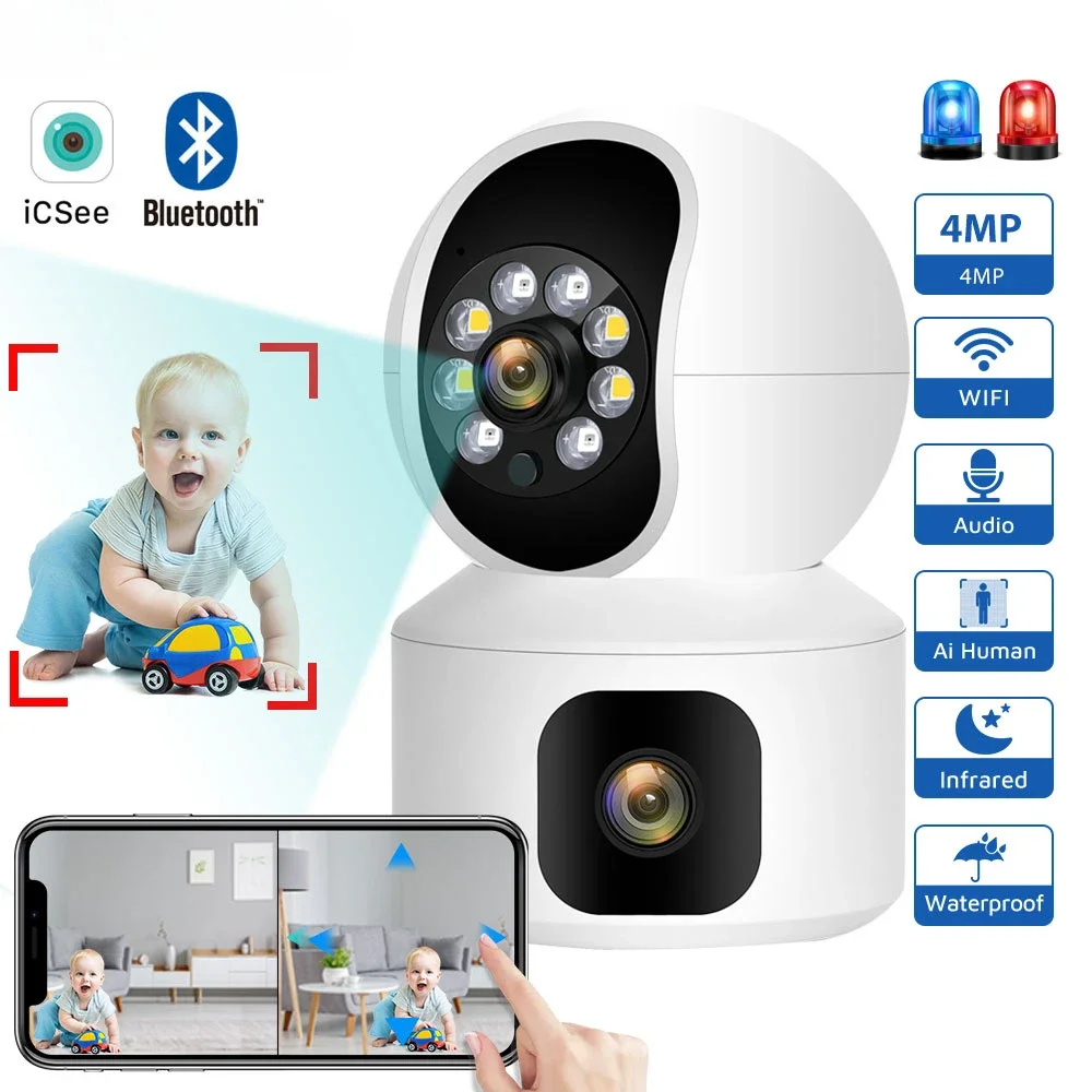 Caméra de surveillance intérieure PTZ IP WiFi HD 4MP/360, dispositif de sécurité sans fil, babyphone vidéo, avec vision nocturne et écran pour touristes