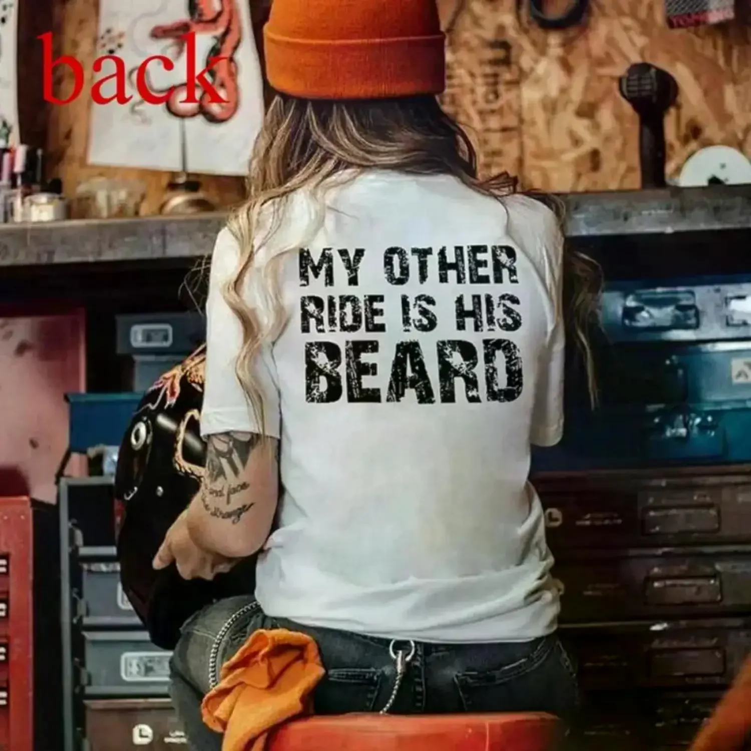 MY OTHER RIDE IS HIS BEARD LETTERS PRINTED WOMEN'S T-SHIRT, Ladies Summer Outfit, Gift For Women, Mothers Day Gift, Gift For Girl Friend Fabric Top