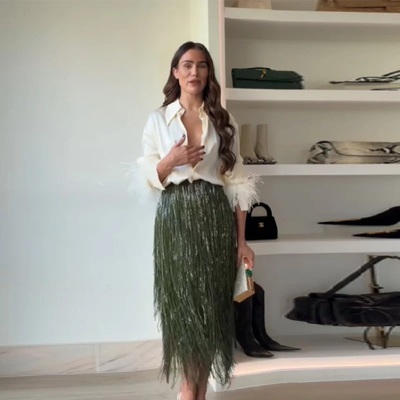 Glitzernder bestickter Rock für Damen, trendiges, unregelmäßiges, halblanges Kleid mit Quastensaum, 2025, neue A-Linien-Partyröcke mit hoher Taille