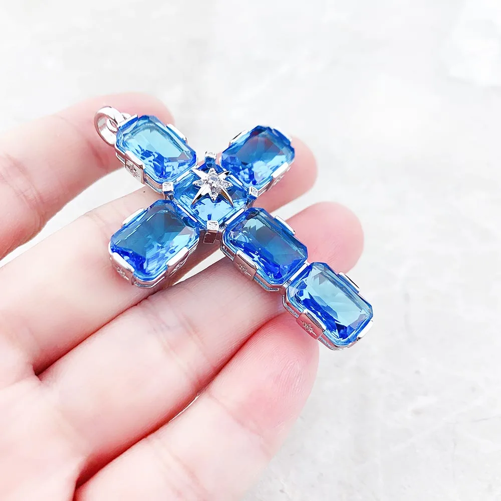 Pendant Cross With Large Aquamarine-Coloured Stones And Star Brand New Fine Jewelry Europe 925 Sterling Silver Gift For Woman