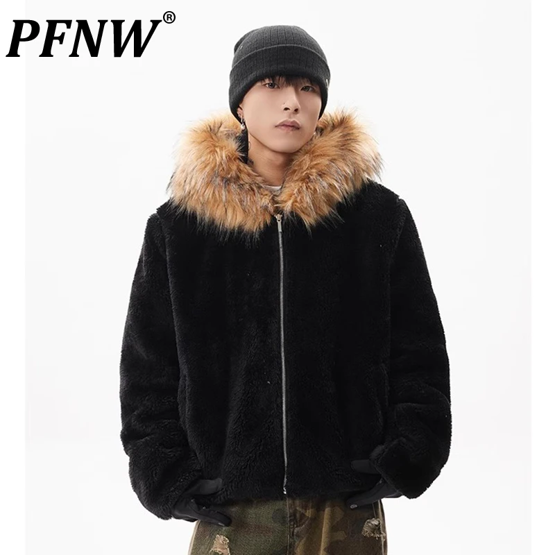 PFNW High Quality Fleece Hooded Quilted Padded Jackets Men\'s American High Street Warm Fur Collar Short Zipper Coat New CPG2408