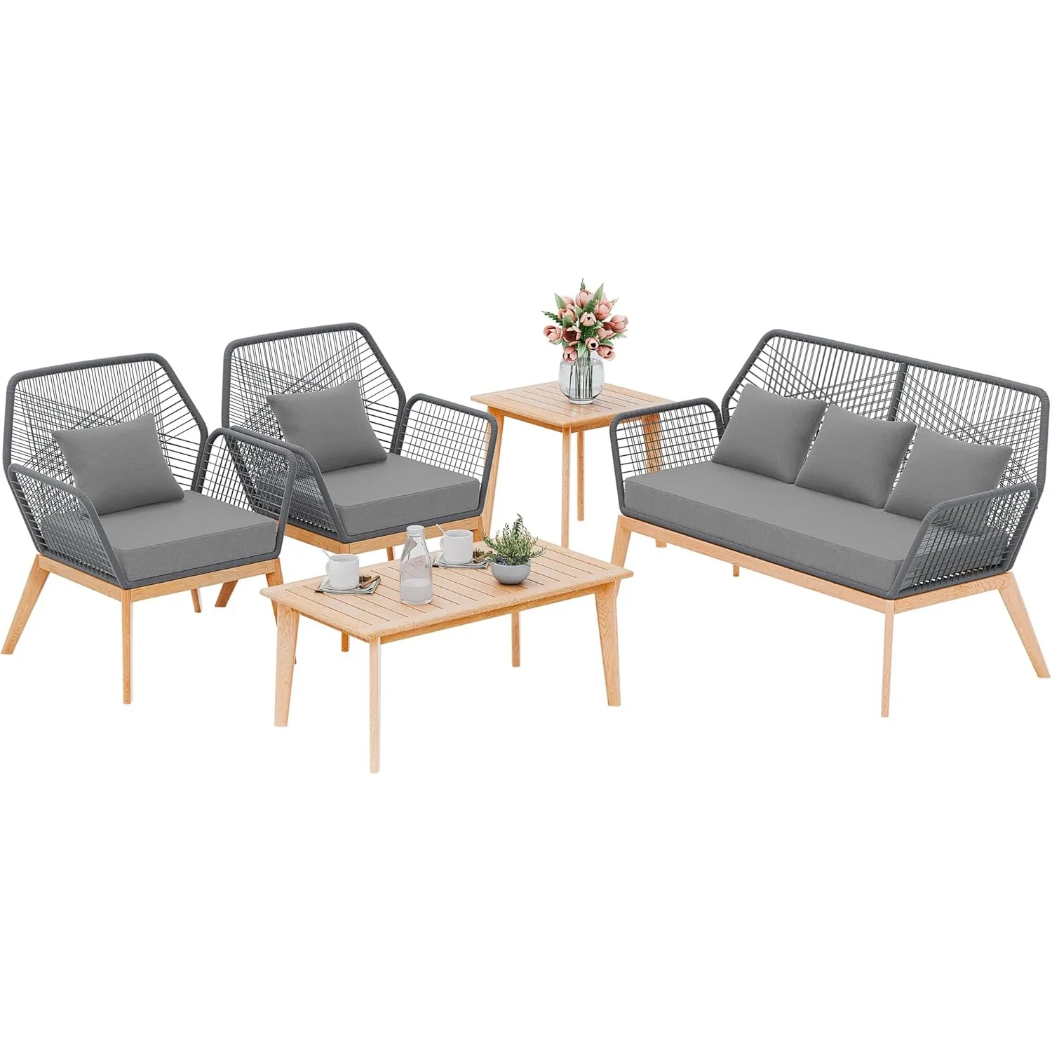 

Набор мебели для патио, 5 предметов, веревочный тканый секционный диван, современные дубовые наборы для разговоров с деревянным столом