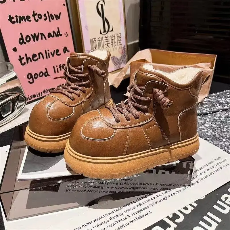 

2025 Winter Big Head Snow Boots for Women Ugly Cute Chunky Platform Retro Ankle Booties Waterproof Anti-Slip Warm Lined
