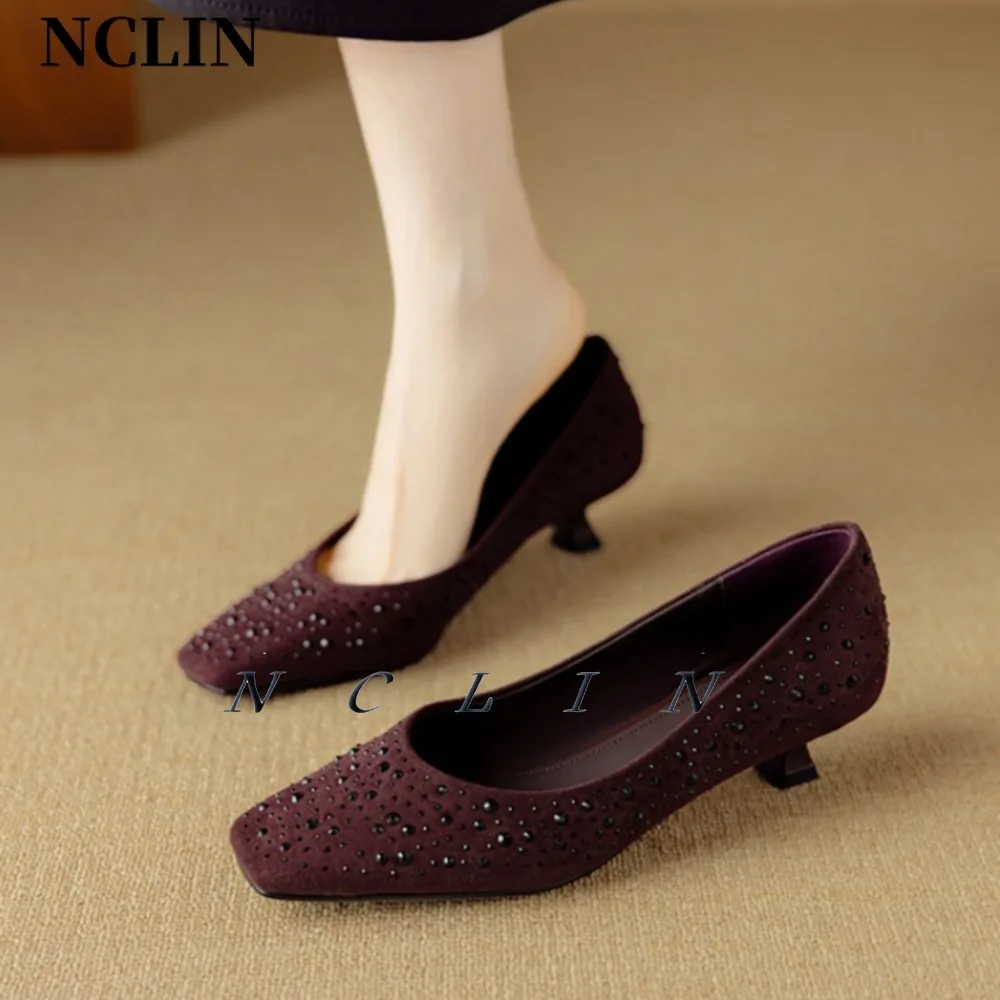 

Women Suede High Heels Summer Brand Woman Pumps Thin Heels Party Shoes Square Toe Slip on Office Ladie Dress Shoe Plus Size 40