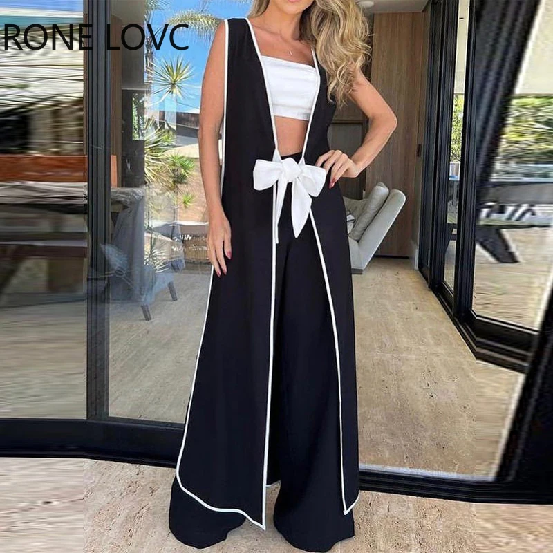 

Women Patchwork Lace Up X-long Jacket Tops& Solid Bottom Sense of Design Fashion Pants Set