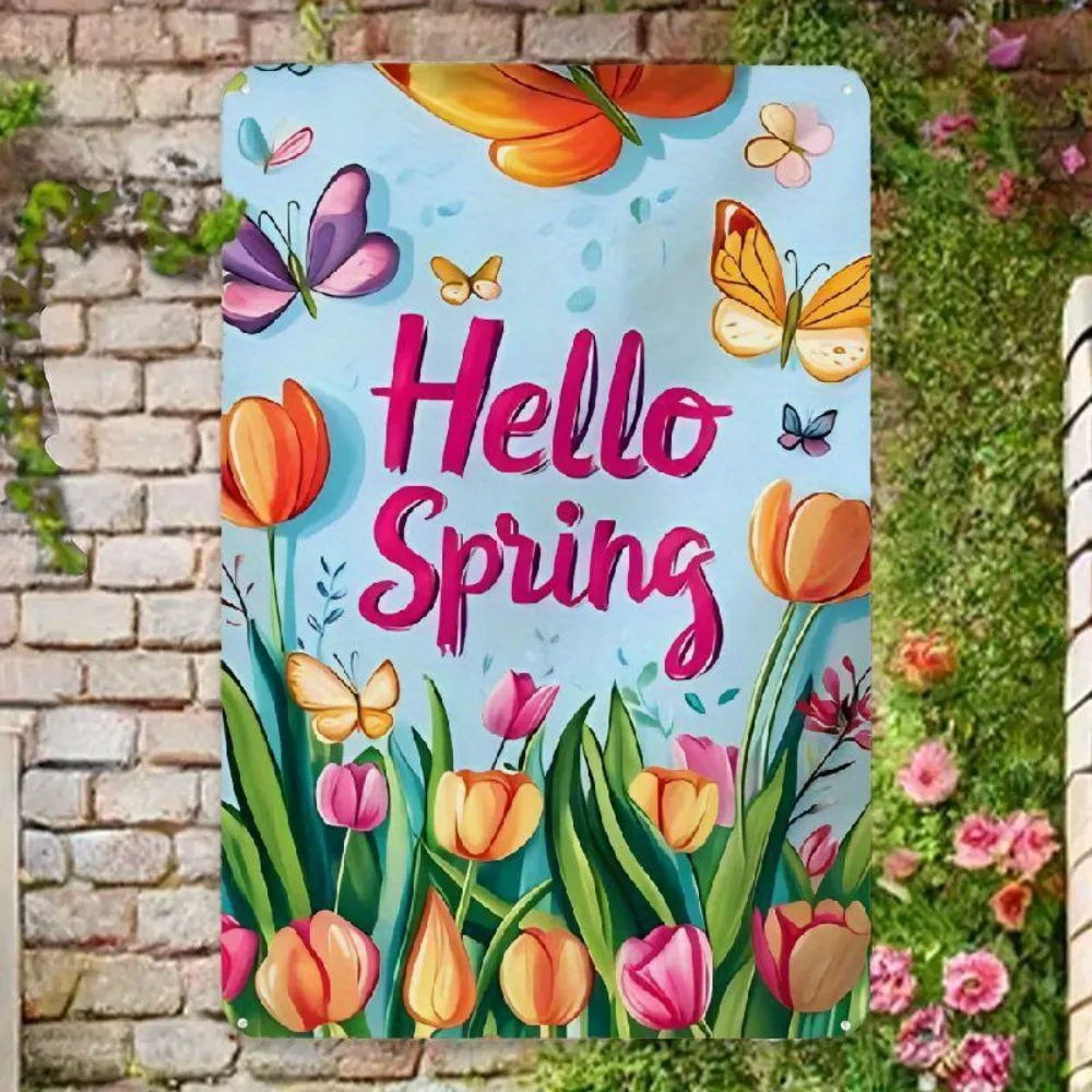 Vintage Hello Spring Daisy Butterfly Metal Tin Sign 12x8Inch Waterproof Indoor Outdoor Home Easter Party Bar Cafe Decor