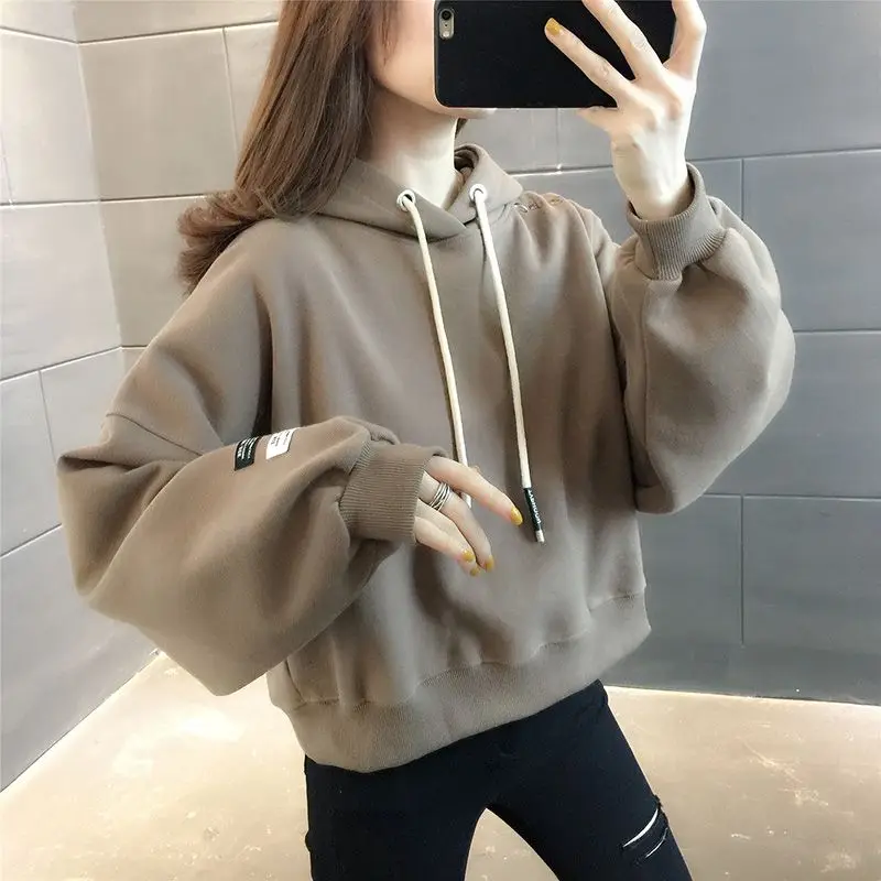 

New Autumn Hooded Short White Sweatshirt for Women's Pine Korean Hooded Trendy Cool Jacket Top