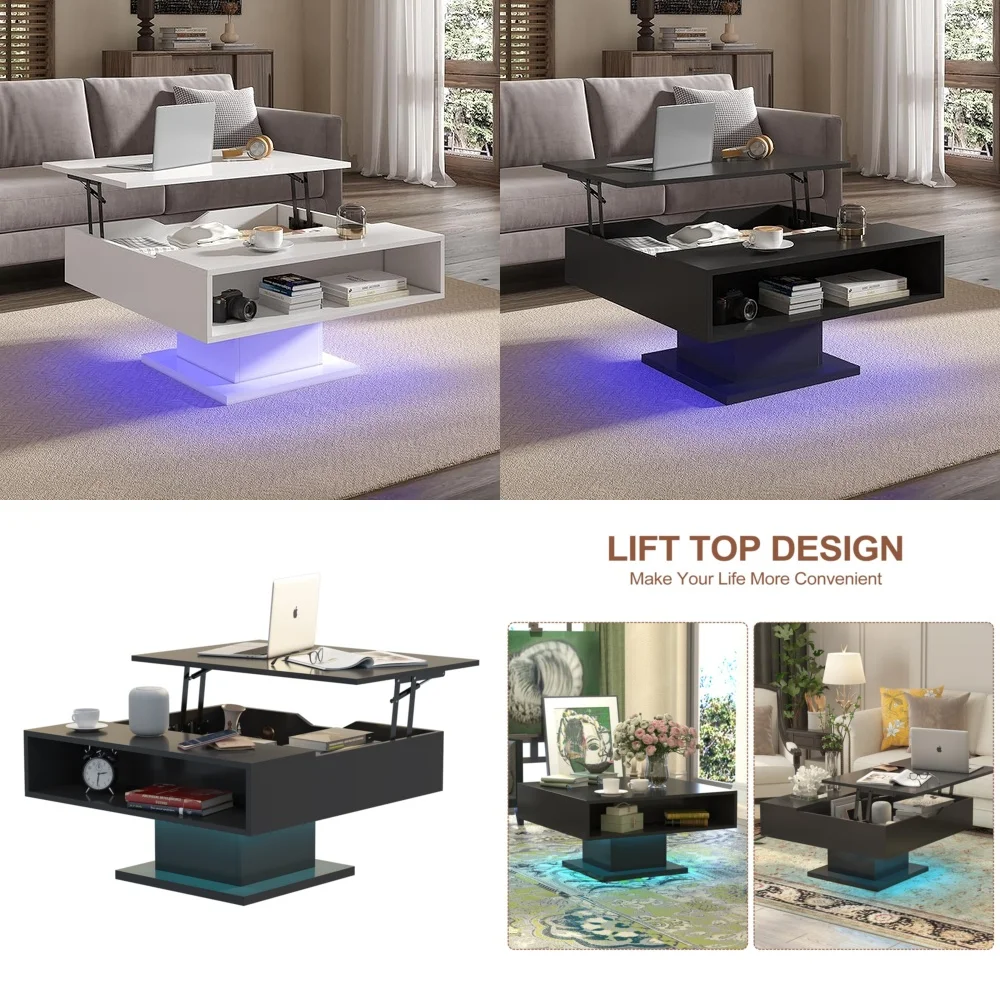 طاولة قهوة Cafe TablesLift مع مساحة تخزين واسعة ومدمجة في تصميم مربع بإضاءة LED لغرفة المعيشة الحديثة